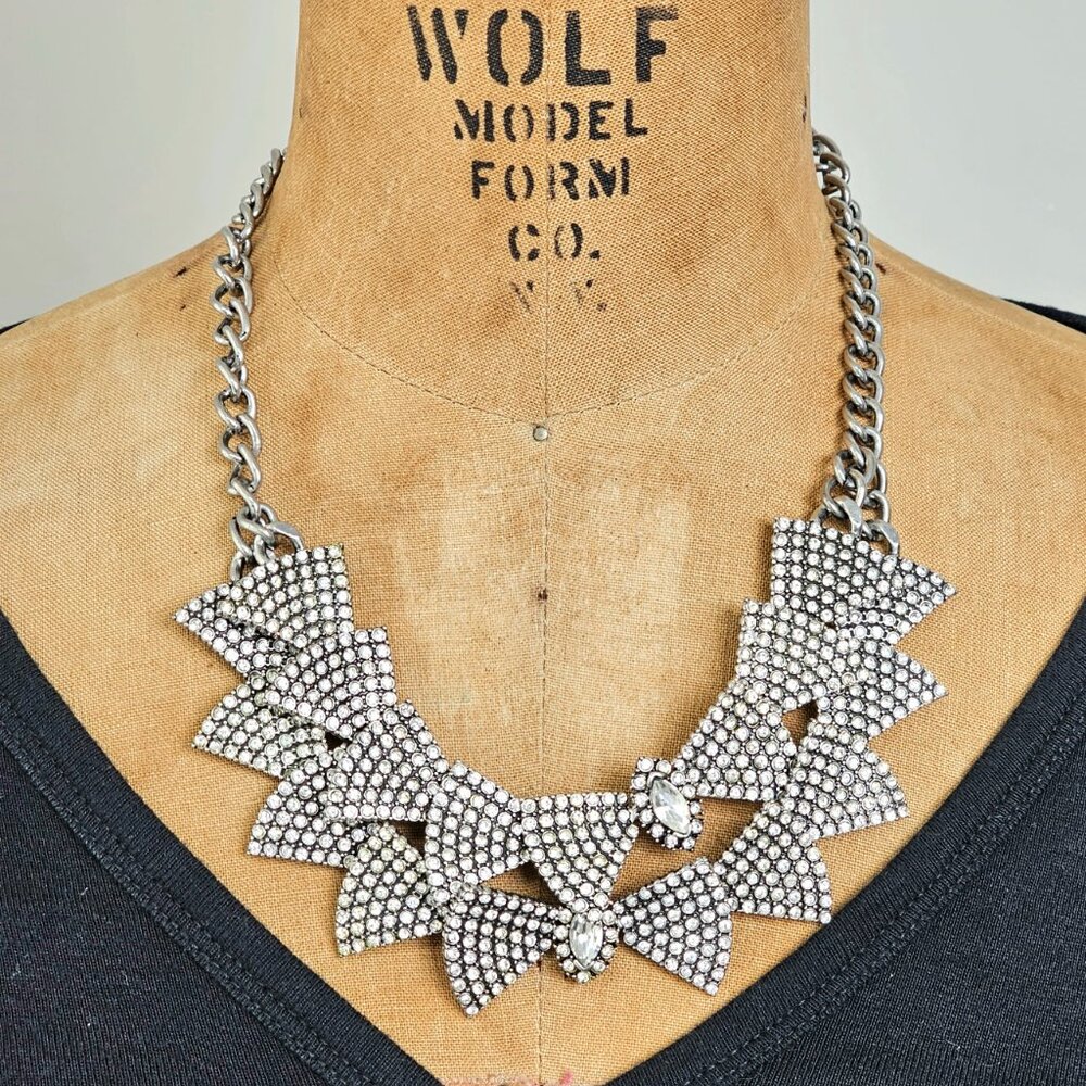 Banana Republic Silver Rhinestone Bow Bib Necklace Pavé Statement Collar Jewelry